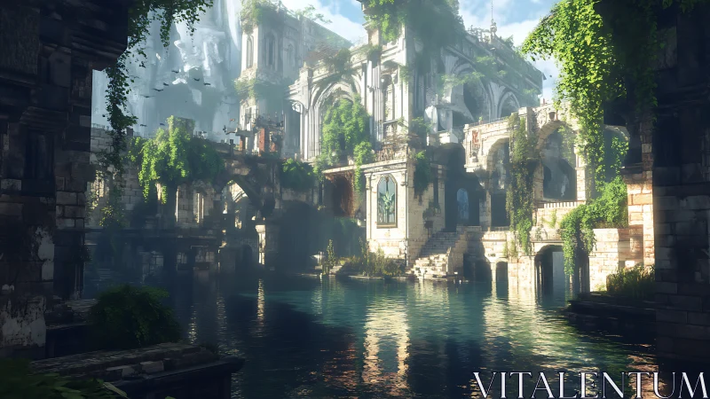 Sunlit stone ruins stand over reflective water in dense vegetation