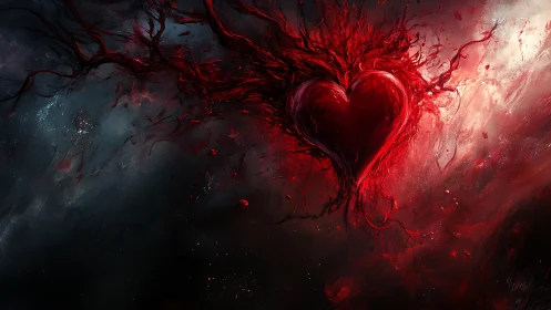 Luminous heart form radiates red energy against dark atmospheric backdrop.