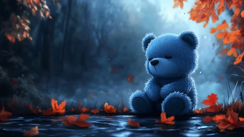 Melancholy blue teddy dreaming beneath ember autumn leaves.
