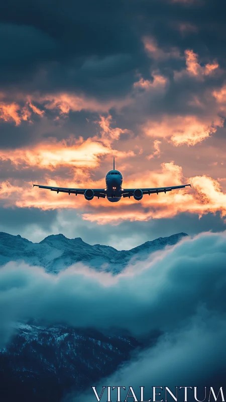 Commercial jet front view over clouded mountain range at dusk.