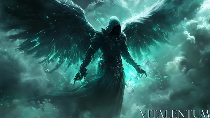 Winged hooded figure in teal illuminated storm clouds.