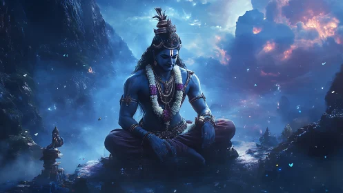 Mythic meditative deity in luminescent Himalayan vortex field.