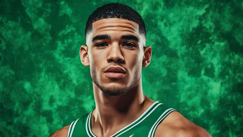 Emerald court focus on confident basketball hero portrait.