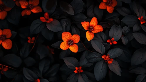 Luminous orange blossoms emerging from deep shadowed foliage.