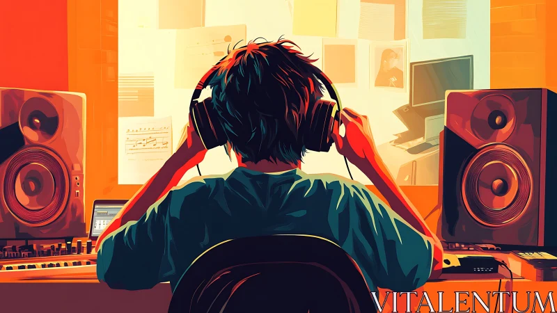 Music producer immerses in colorful studio soundscape.