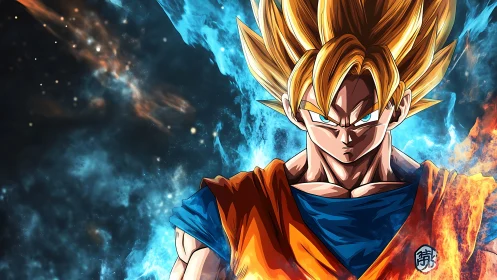 Anime warrior stands centered amid blue and orange energy