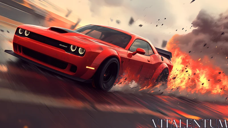 Red muscle car racing through fire with bold street energy.