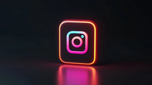 Neon Instagram camera icon on dark reflective background.