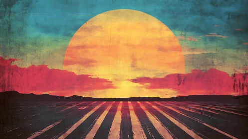 Radiant retro sunset over stylized horizon stripes.