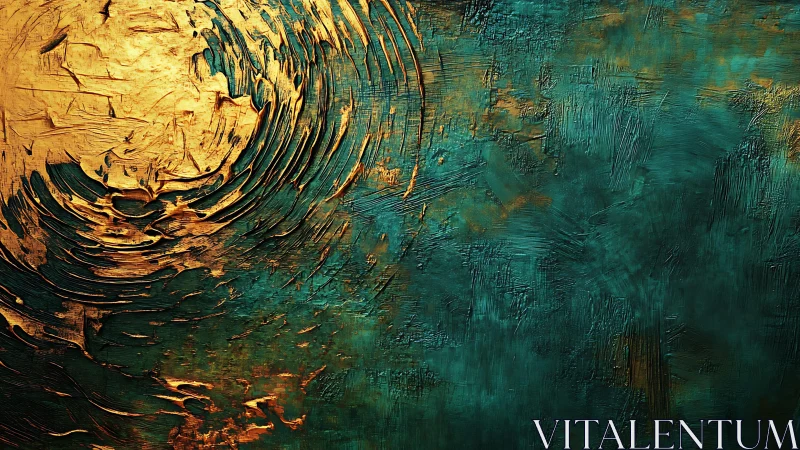 Abstract textured oil painting with gold and teal swirls.