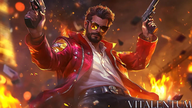 Gunfighter in crimson jacket dives through explosive chaos.