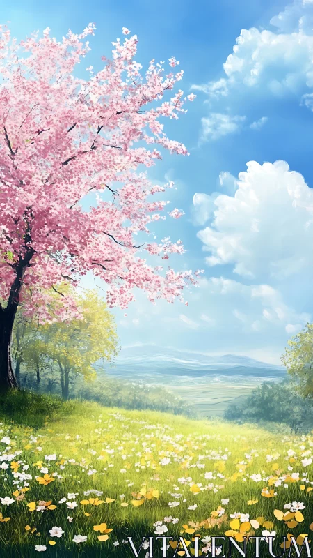 Digital painting of spring hillside meadow with blossom tree.