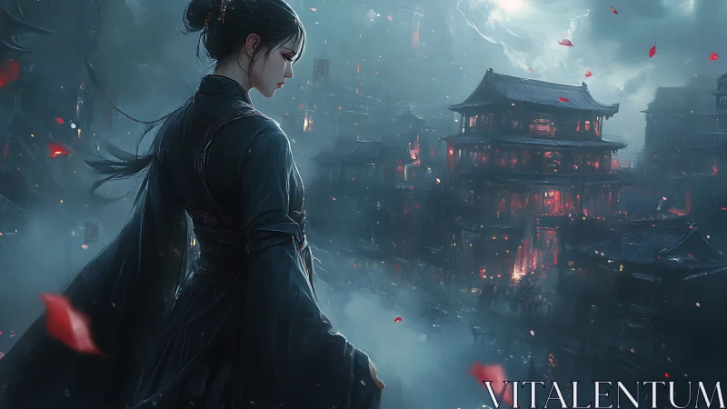 Moonlit assassin pauses as crimson petals haunt the skyline