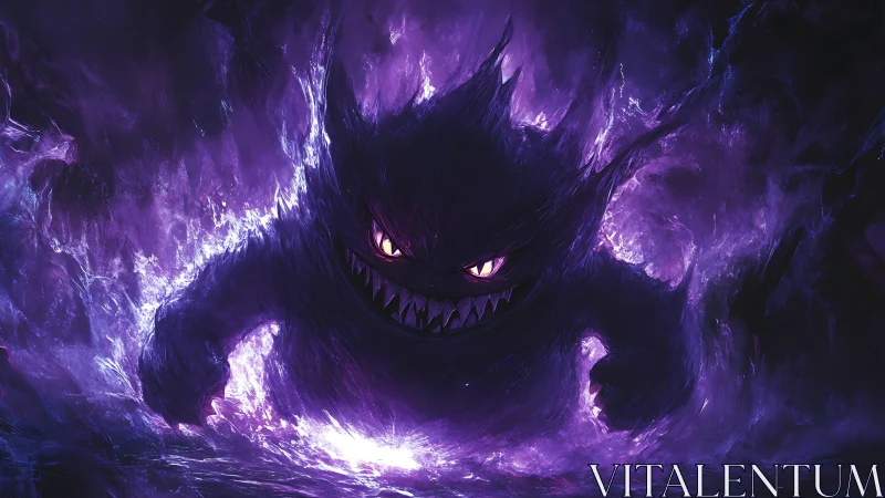 Mischievous purple spirit emerging from swirling shadows.
