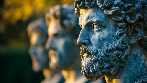 Golden hour on thoughtful stone faces in quiet profile.