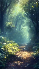 Enchanted Forest Path Bathed in Mystical Sunlight