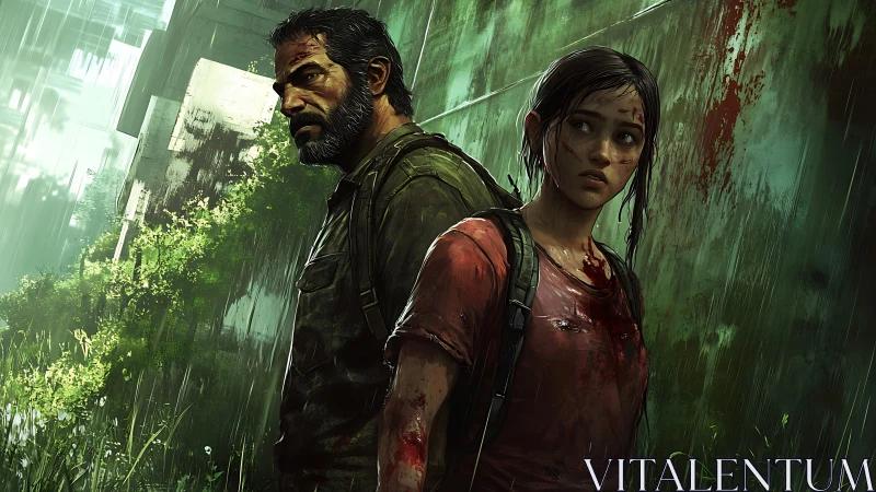 Battle-worn survivors traverse rain-soaked overgrown ruins.