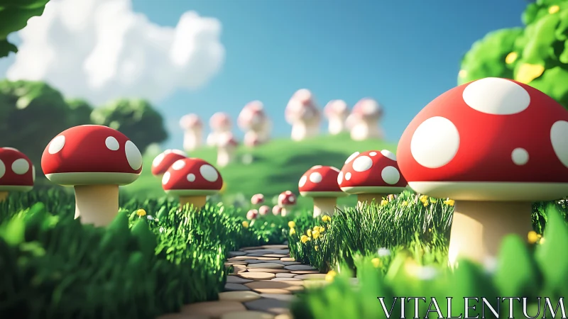 Sunny mushroom lane winding through a cheerful tiny forest.