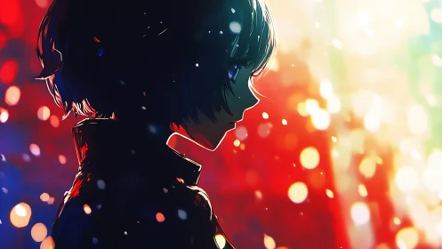 Silhouetted anime profile against blurred colorful lights.