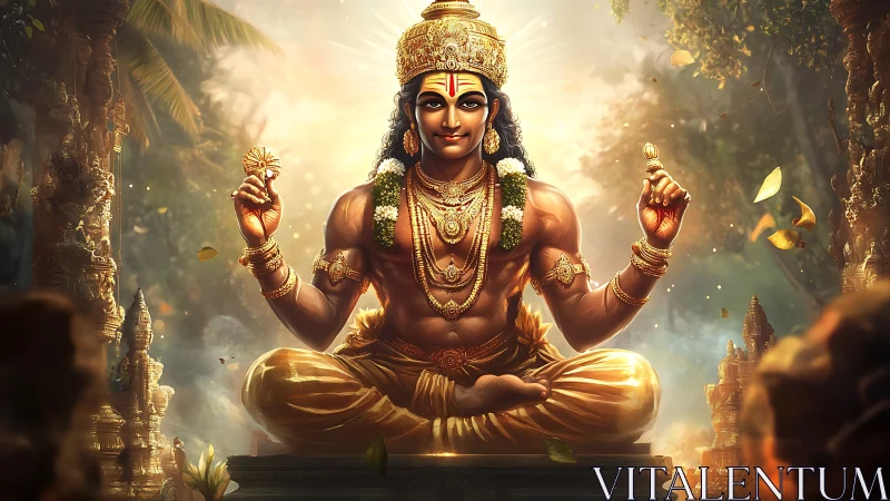 Radiant golden deity in symmetrical meditative equilibrium.