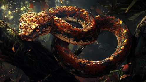 Coiled arboreal snake with textured scales in dim forest.