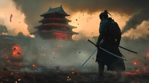 Lone armored samurai faces burning temple under smoky skies.