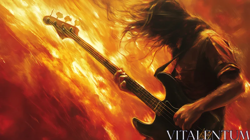 Electric bass player lost in fiery, passionate rock energy.