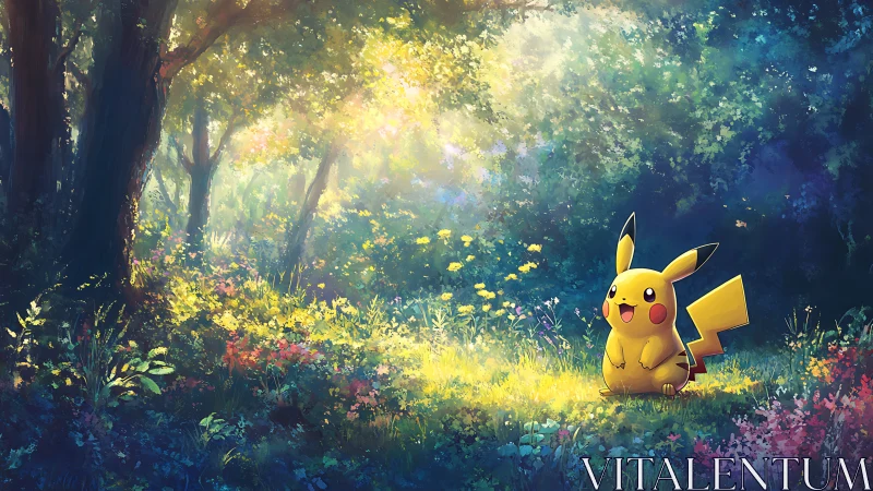 Luminous forest clearing with Pikachu under volumetric light.
