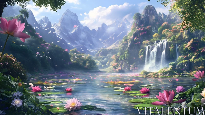 Dreamlike lotus lake below high snowy mountains and falls.