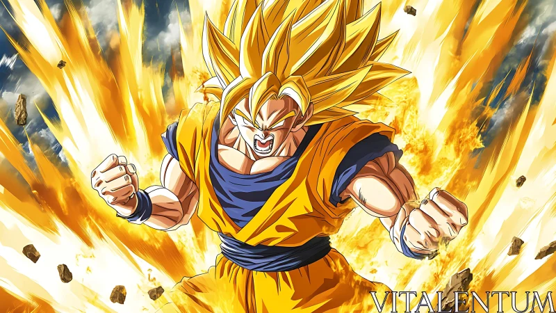 Male anime fighter stands amid radial golden energy burst