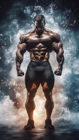 Muscular bodybuilder stands in dramatic backlit smoke cloud