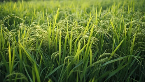 Lush green rice field in soft morning light, natural landscape style.