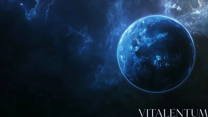 Blue exoplanet glows against deep cosmic nebula field.