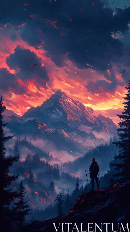 Crimson storms crown the twilight peak before a lone wanderer