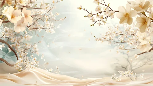 Digital render of flowering branches with soft petals and neutral background composition