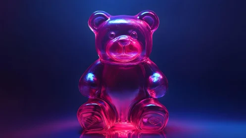 Vibrant gummy bear sculpture in neon lighting, modern digital art.