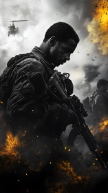 Tactical soldier silhouette in explosive battlefield smoke profile.