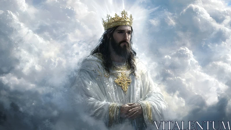 Regal bearded figure in ornate white robes stands amid clouds