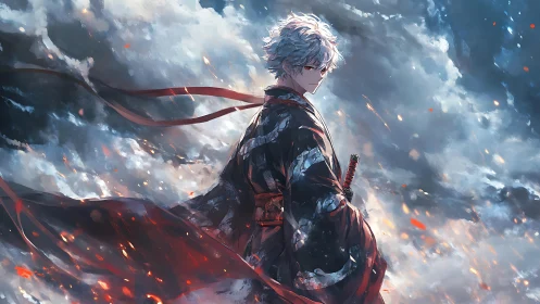 Stoic anime swordsman framed by storm and embers.
