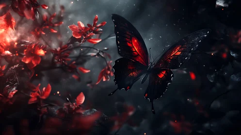 Dark red butterfly glows above crimson forest floor