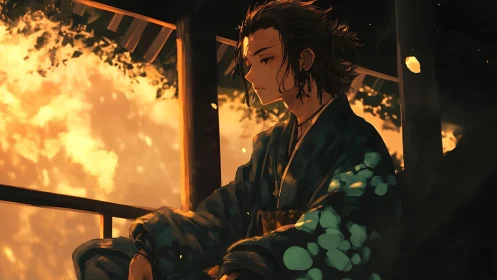 Melancholic samurai contemplates sunset from shadowed veranda
