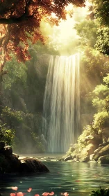 Sunlit forest waterfall cascading into calm clear pool.