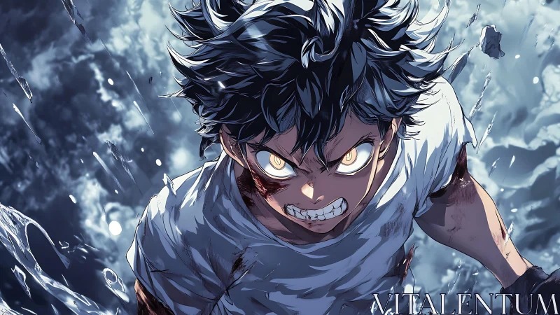 Battle-scarred anime boy lunges upward with glowing eyes