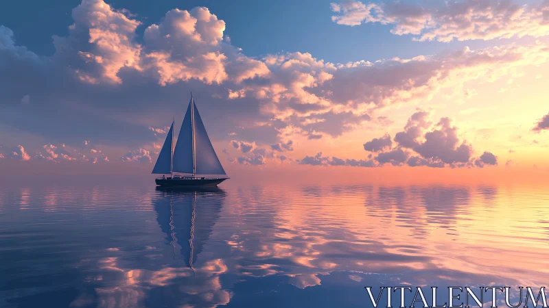 Sailboat cuts mirrored sunset sea under glowing clouds.