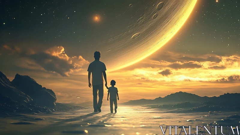 Starlit shore walk beneath a colossal crescent planet sky.