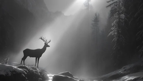 Majestic deer in snowy forest with dramatic sun rays, black and white.