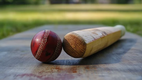 Cricket ball and bat rest on wooden surface outdoors