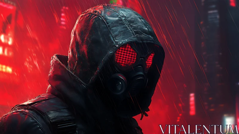 Gas-masked hooded operative in neon red cyberpunk rainfield