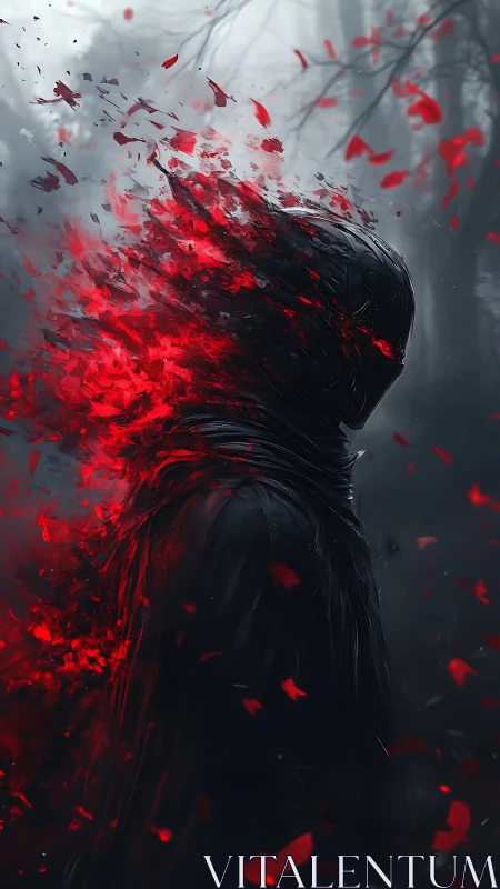 Shrouded wraith dissolving into crimson embers in mist.