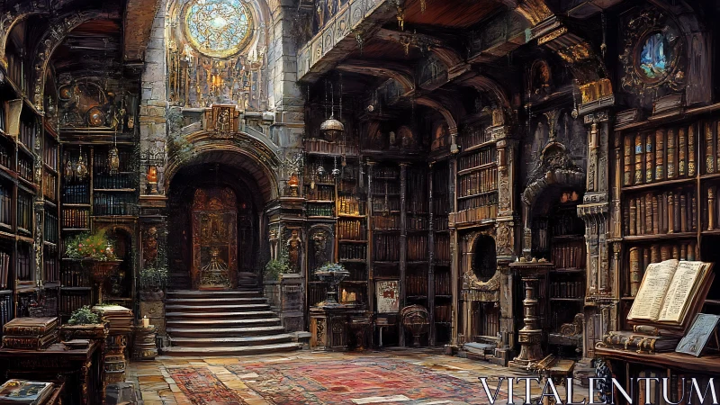 Enchanted gothic library interior under stained glass glow.